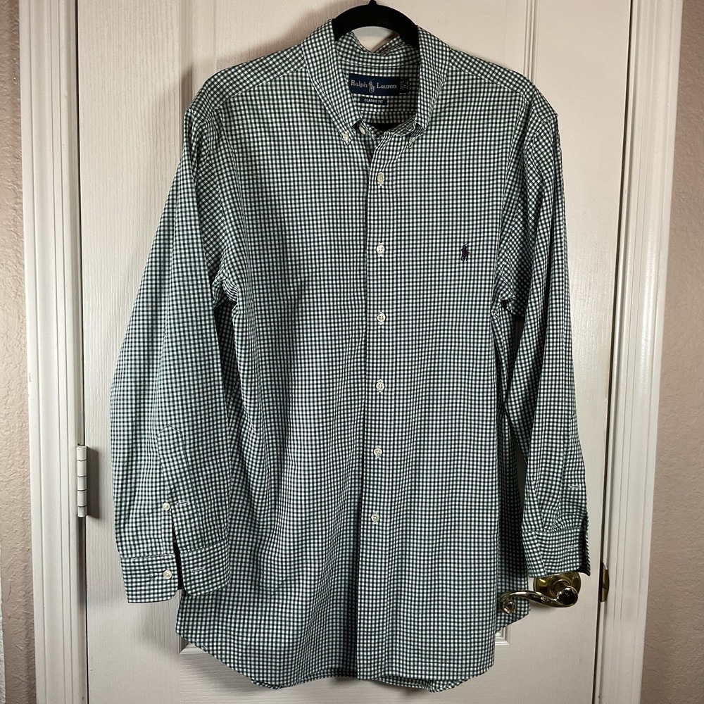 Polo Ralph Lauren Shirt  Mens Green Plaid Long Sleeve Button Down 17 1/2 34/35